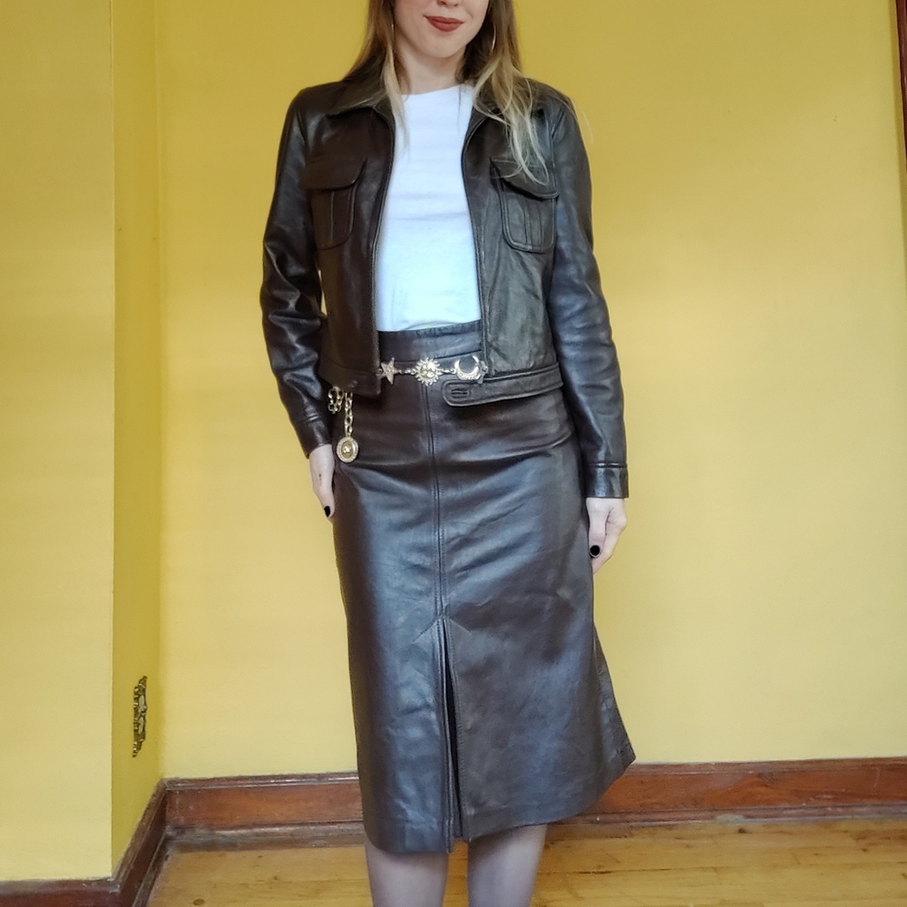 Gap Brown Leather Skirt Suit